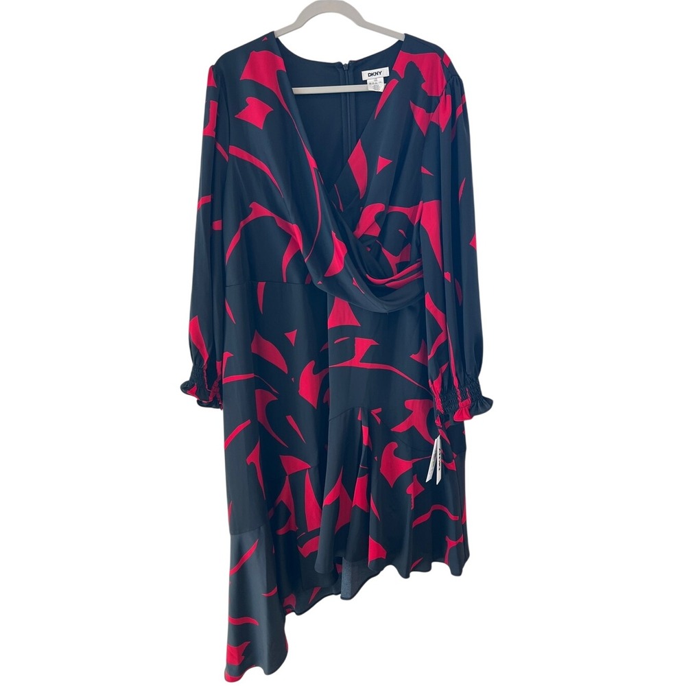 DKNY Womens Black Red Abstract Print Asymmetrical Hem Wrap Dress 18W PD4GDB85